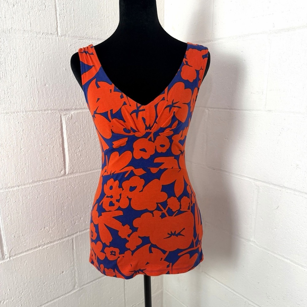 Boden Babydoll Tank Top Stretch Red Blue Tropical Floral Preppy Office‎ Siren 2R